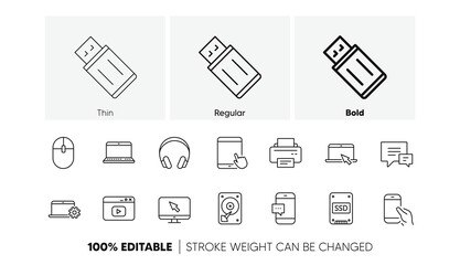 Laptop, SSD and Headphones. Device line icons. Printer linear icon set. Line icons set. Vector
