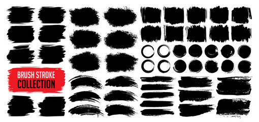 Black paint brush stroke, ink splash, grunge watercolor texture effect and grungy frame set for social media business background. Vector torn or rip paper or paint brush silhouette decoration ornament