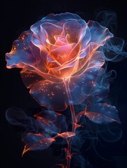 Very beautiful two rose with crystal glass effects, front on view, iridescent opalescent colours, dark background