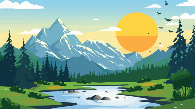 Vector image of a mountain with river landscape 
