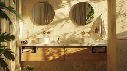 double bathroom scene featuring two mirrors, two sinks, and romantic elements, evoking a sense of love and intimacy.