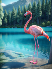 Majestic Pink Flamingo in Crystal-Clear Azure Lake . generative AI