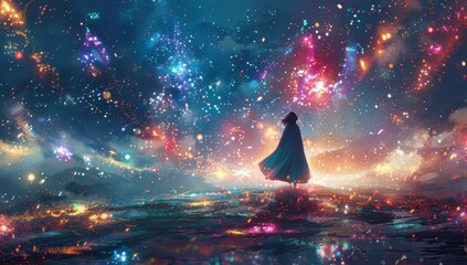 A girl in a blue cloak stands on the edge of an endless ocean. Colorful fireworks bloom around her, her hair is flying up and she has black eyes. Surrounded by digital landscapes with neon colors - obrazy, fototapety, plakaty