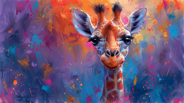 a close up of a giraffe's face with colorful paint splatters on it's face.