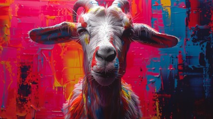 a painting of a goat standing in front of a red, blue, yellow, and pink background with paint splatches.