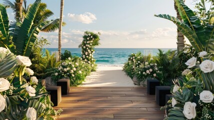 Fototapeta premium a unique wedding ceremony, featuring breathtaking ocean views and lush jungle surroundings, adorned with an abundance of elegant white roses and sleek black designer chairs.