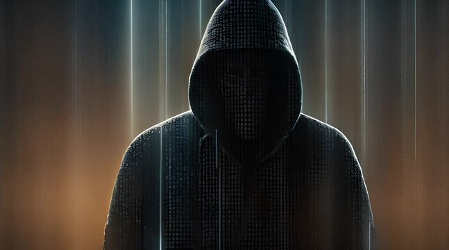 animation of a anonymous faceless man in a hood on the roof of a night city with blurry lights