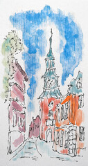 City sketch created with liner and watercolors. Color illustration on watercolor paper - 757126636