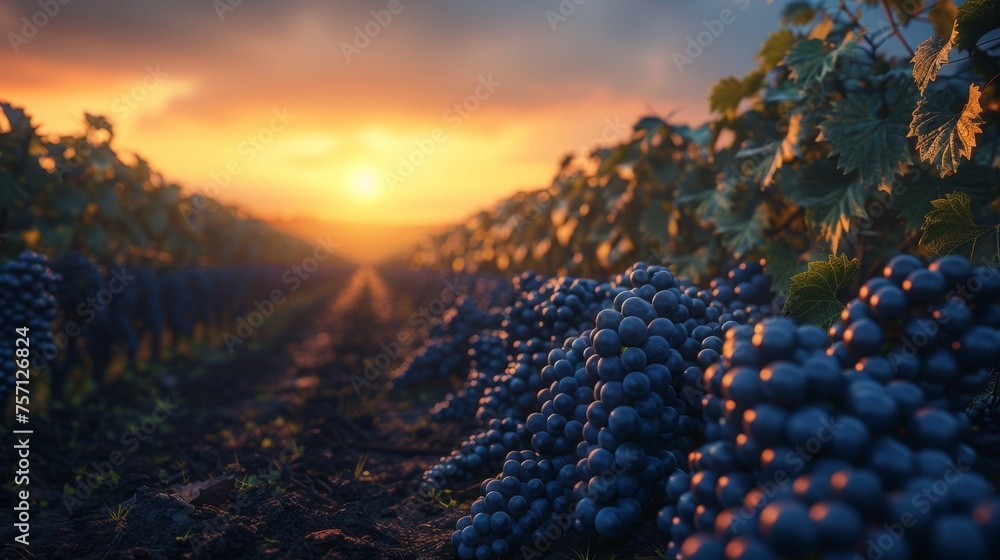 Poster a bunch of grapes that are growing in a field with the sun setting in the backgrounge of the picture