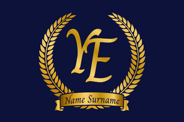 Initial letter Y and E, YE monogram logo design with laurel wreath. Luxury golden calligraphy font.