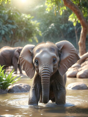 Precious Playtime: Baby Elephant Splashes in the River. generative AI