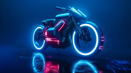 A sleek motorcycle with a wheel glowing in vibrant light, ready to cruise through the neon city streets