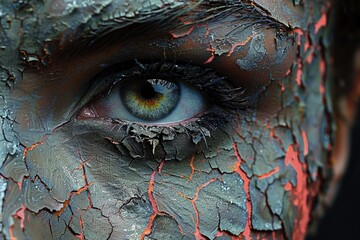 This artistic close-up portrays an eye with a unique cracked lava texture makeup, highlighting the stark contrast between human vulnerability and the strength of nature.