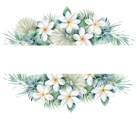 Watercolor tropical wreath with white flowers and green palm leaves isolated illustration