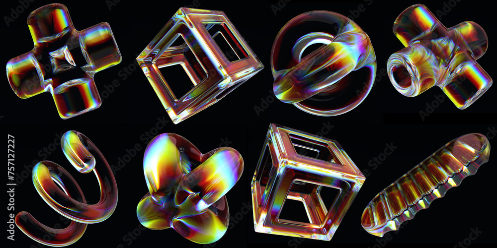 Fototapete 3d abstract colorful gemstone geometry isolated on black, futuristic crystal geometric shapes set, 3