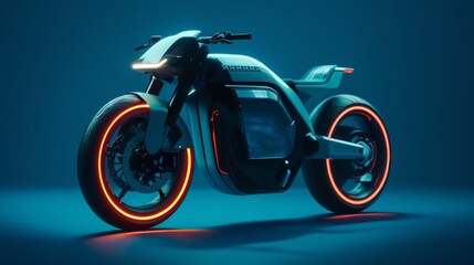 A futuristic motorcycle with glowing wheels on a blue background