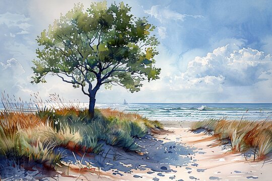 This watercolor painting captures a tranquil coastal scene featuring a windswept tree atop lush dunes, with the calm sea stretching to the horizon under a vast, cloud-filled blue sky.
