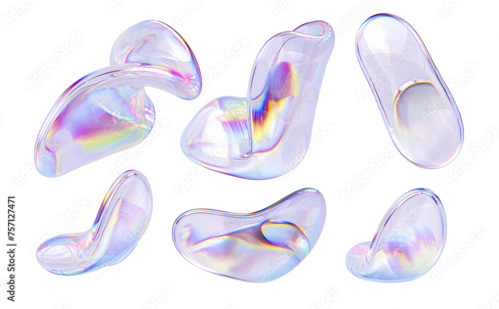 Fototapete iridescent modern design elements, glass gradient 3d organic shapes set, liquid abstract transparent