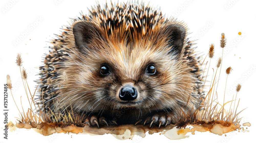 Poster a close up of a hedgehog with grass and weeds in the foreground and a white background behind it.