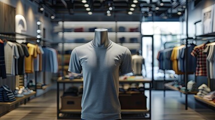 a dummy mannequin wearing a simple colored t-shirt in a clean and premium t-shirt shop setting. - obrazy, fototapety, plakaty