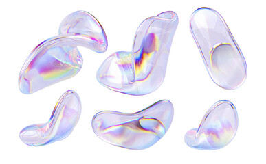 Iridescent modern design elements, glass gradient 3d organic shapes set, liquid abstract transparent 3d rendering objects.