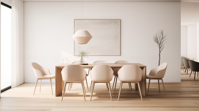 Design a minimalist dining room with a simple table and sculptural chairs