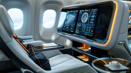 Luxurious airplane cabin seat with a large entertainment touchscreen and a city view from the window. - obrazy, fototapety, plakaty