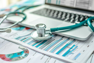 Business financial analysis and health concept with stethoscope, graphs, and charts on a professional workspace
