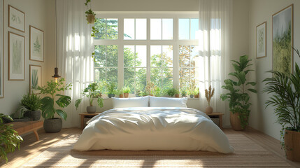 Sunlight floods a peaceful bedroom, highlighting fresh linens and an array of potted plants by a large window