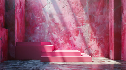 A dreamy pink-colored podium with a flower, 3D product render stand, set against a minimal abstract background, creating a beautiful and serene space, ideal for showcasing products or designs