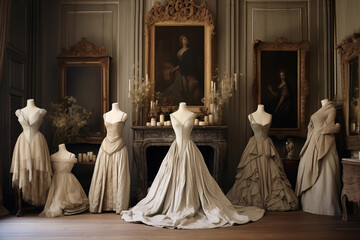 Haute couture dresses and vintage gowns showcase. Generative AI