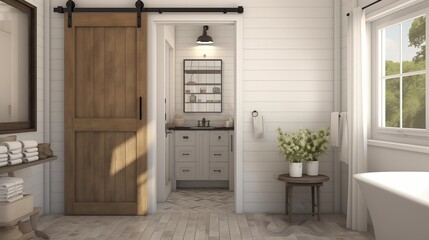 Design a modern farmhouse bathroom with a sliding barn door and subway tile