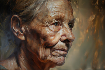 Older woman with a wrinkled face depicted in painterly manner. Concept of skin aging, loss of elasticity and natural color - obrazy, fototapety, plakaty