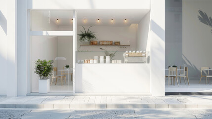 Sunlight floods a minimalist cafe, creating a serene ambiance with its clean lines, white space, and tasteful greenery.