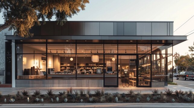 As twilight sets in, a modern cafe's expansive glass facade glows warmly, showcasing its sleek interior against the evening sky.