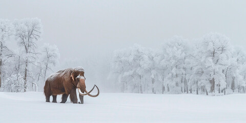 A woolly mammoth walks through the snowy lands of the Ice Age