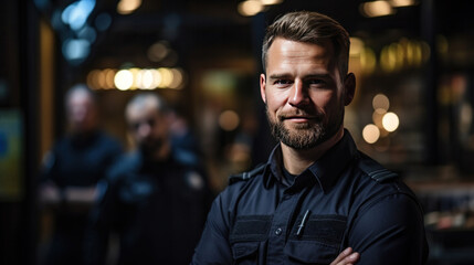 Fototapeta premium A man and security guard for police service, backup support and safety.