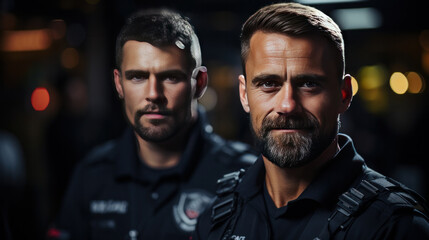 Obraz premium A man and security guard for police service, backup support and safety.