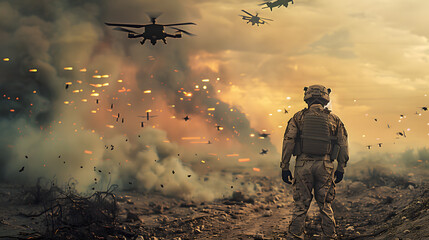 drones above soldier,battlefield