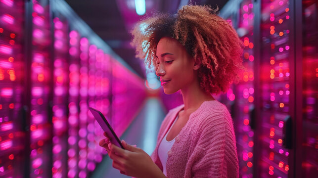 A Data Center Female e-Business Entrepreneur Use Tablet Computer with Pleasure Smile in Big Cloud Computing Server Farm.