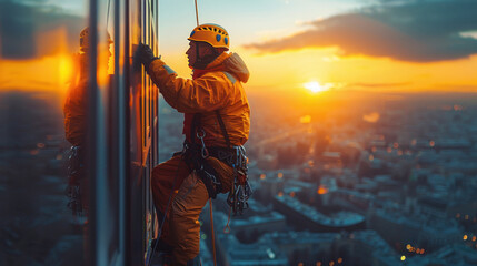 A mountaineer hanging on ropes cleaning windows of a multistory building.