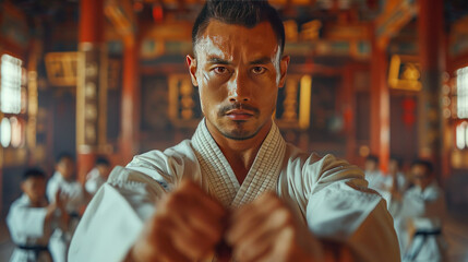 Asian karate martial arts training in a dojo hall. sensei teacher master man wearing white kimono...