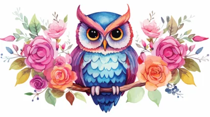 Fototapeten Watercolor owl with flowers flat vector  © Megan