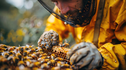 Beekeeper pulls out a frame with honey from the beehive. - obrazy, fototapety, plakaty