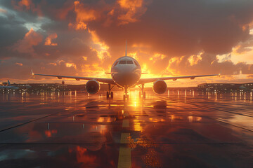 Airplane Parked on Tarmac at Sunset