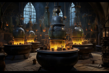 Magical potion laboratory filled with bubbling cauldrons. Generative AI - obrazy, fototapety, plakaty