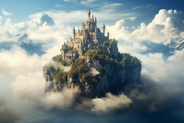Majestic castle perched on floating island amidst clouds. Generative AI