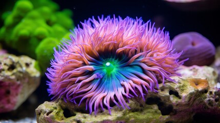 Fluorescent sea anemone in deep sea coral reef, vibrant marine life exploration undersea harmony