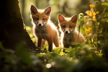 Curious fox cubs in a sunlit woodland