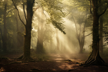 Misty forest shrouded in fog with sunlight filtering by trees. Generative AI